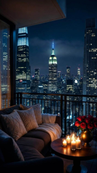 Black Modern & Minimal Cityscape at Night Digital Display. Luxury Balcony With NYC Skyline Night Vie งานแสดงผลงานแบบดิจิทัล (9:16) template