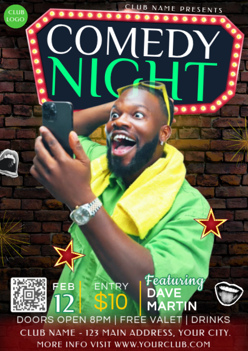 Black Modern & Minimal Comedy Night Party Invitation Social Media A4 ...