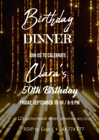 Black Modern & Minimal Dinner Birthday Party A6 template