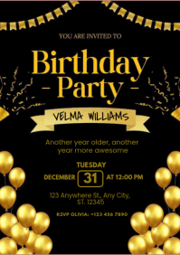 Black Modern & Minimal Elegant Modern Birthday Party Invitation A4 template