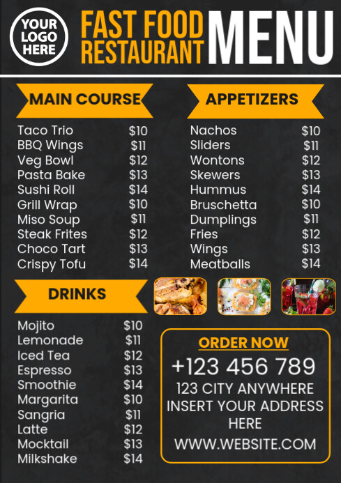 Black Modern & Minimal Fast Food Menu Card A4 template