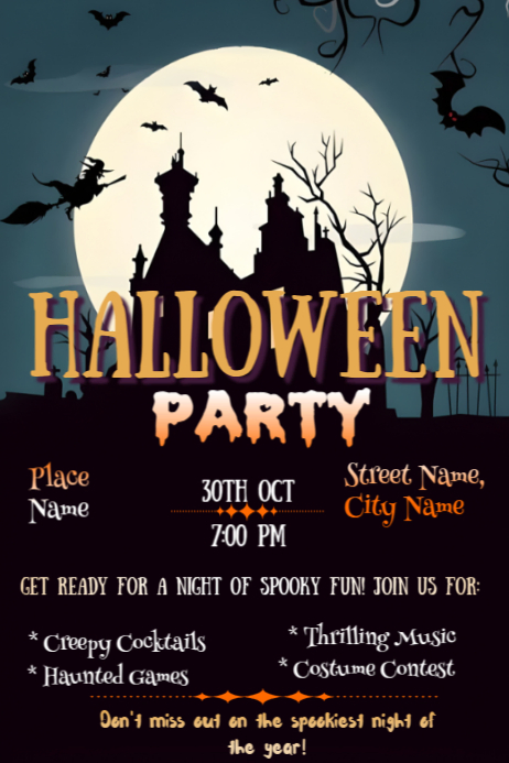 Black Modern & Minimal Halloween Night Party Poster Template | PosterMyWall