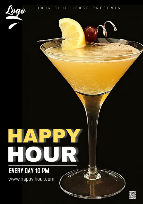 Black Modern & Minimal Happy  Hour A4 template