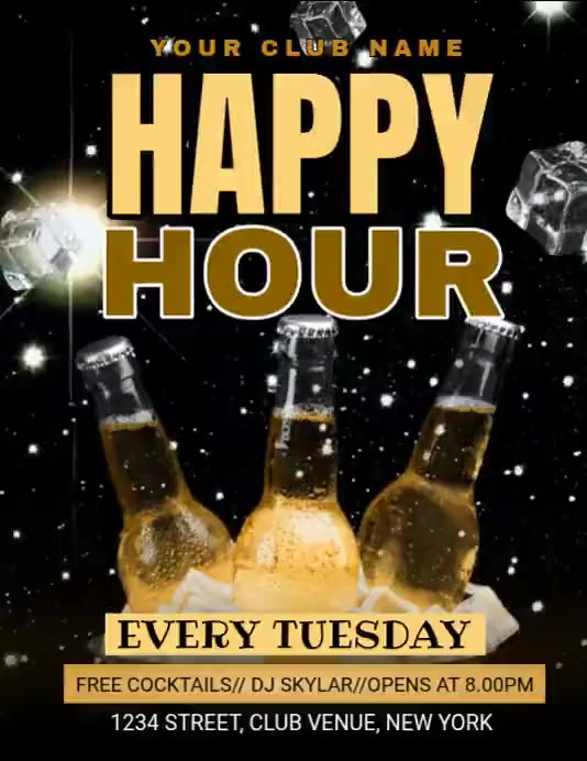 Black Modern & Minimal Happy Hour Event Flyer Video Template | PosterMyWall