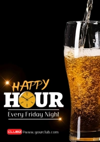Black Modern & Minimal Happy Hour poster A1 template