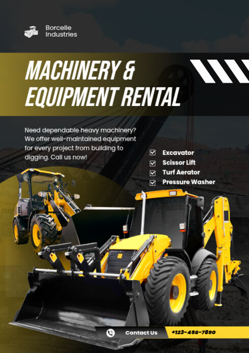 Black Modern & Minimal Machinery & Equipment Rental A4 Template ...