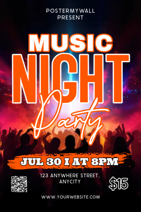 Black Modern & Minimal Music Night Party Poster Плакат template