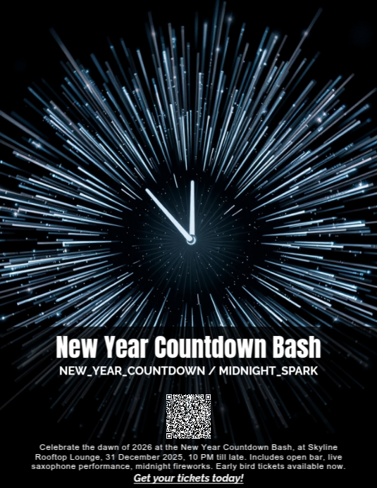Black Modern & Minimal New Year Countdown Bash – Ignite The Midnight Spark Flyer (us Letter) template