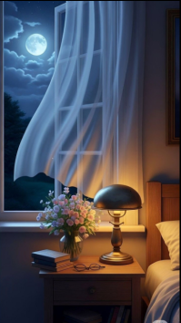 Black Modern & Minimal Nighttime Serenity Digital Display. Cozy Bedroom Night With Moonlight Window template