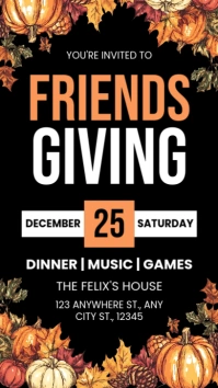 Black Modern & Minimal Orange Friendsgiving Tampilan Digital (9:16) template