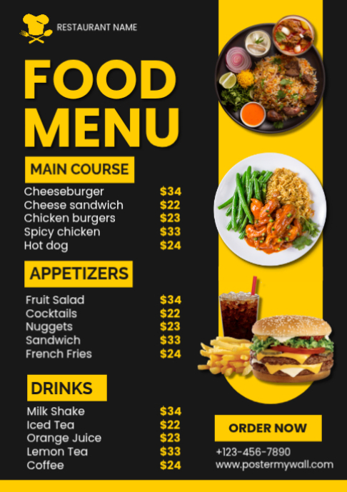 Black Modern & Minimal Restaurant Food Menu A2 Template | PosterMyWall