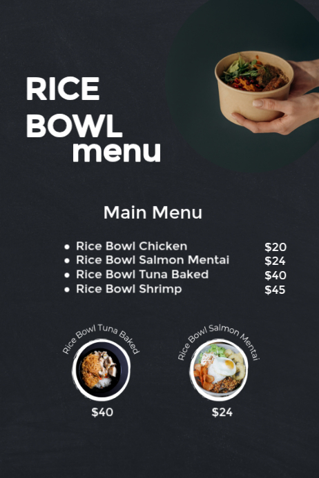 Black modern & minimal rice bowl menu poster Template | PosterMyWall