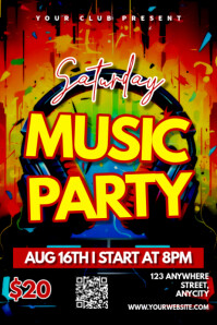 Black Modern & Minimal Saturday Music Party Poster Póster template