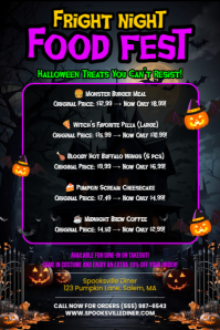 Black Modern & Minimal Spooky Halloween Food Discount Menu Design Poster Plakat template