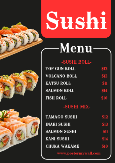 Plantilla de Negro Sushi Menu A2 | PosterMyWall