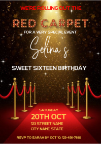 Black Modern & Minimal Sweet Sixteen Birthday A4 template