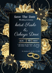 Black Modern & Minimal White And Gold Elegant Wedding Invitation A6 template