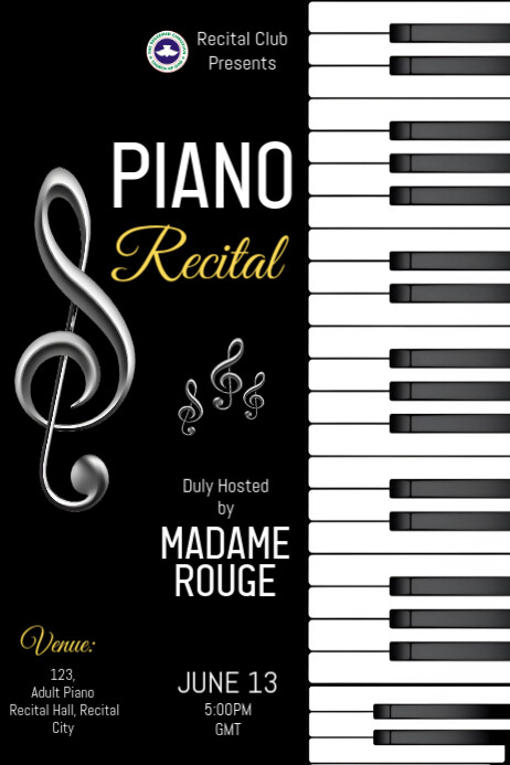 Black Modern & Minimal Adult Piano Recital  Poster Plakat template