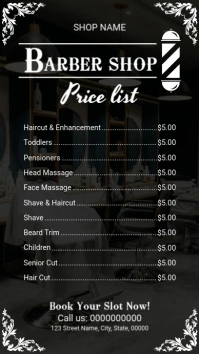 Black Modern & Minimal Barber Shop Price List Instagram Story template