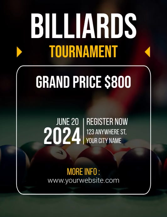 Black Modern & Minimal Billiards Tournament F Flyer (US Letter) template