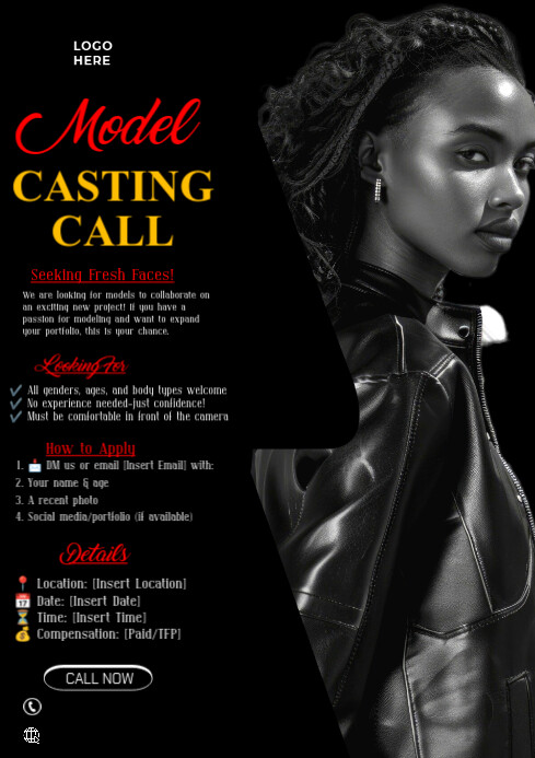 Black Modern & Minimal Casting Audition Comb Card Design Template A1
