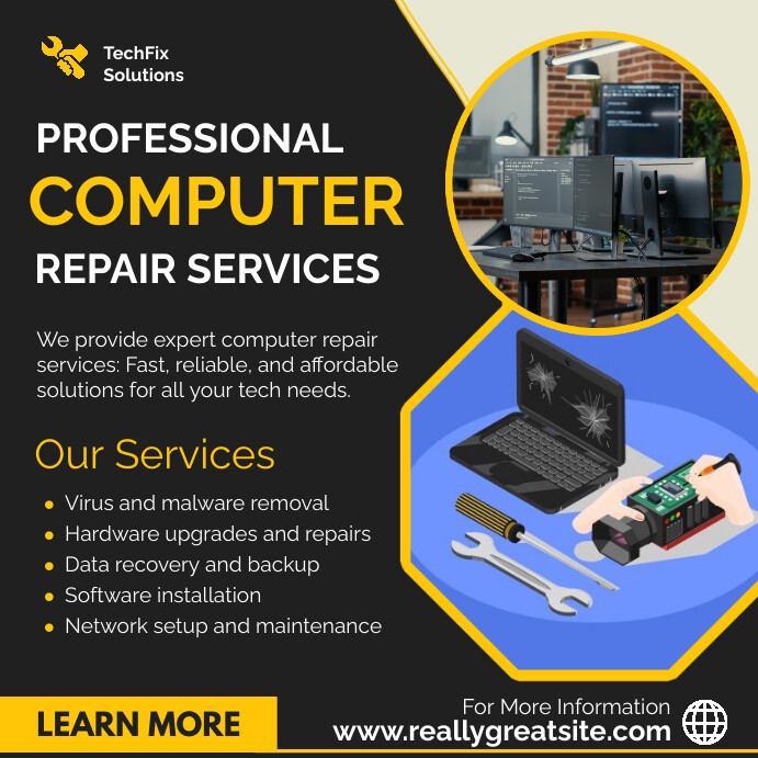 Black Modern & Minimal Computer Repair  Squar Квадрат (1 : 1) template