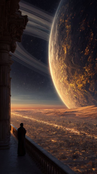 Black Modern & Minimal Epic Sci-fi City View With Giant Planet | Futuristic Cosmic Horizon Backgroun Display digitale (9:16) template