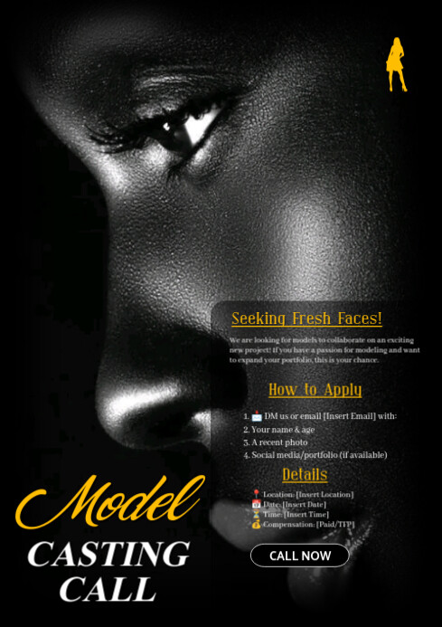 Black Modern & Minimal Model Casting Call Ads A1 template