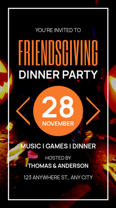 Black Modern & Minimal Orange Friendsgiving Tampilan Digital (9:16) template