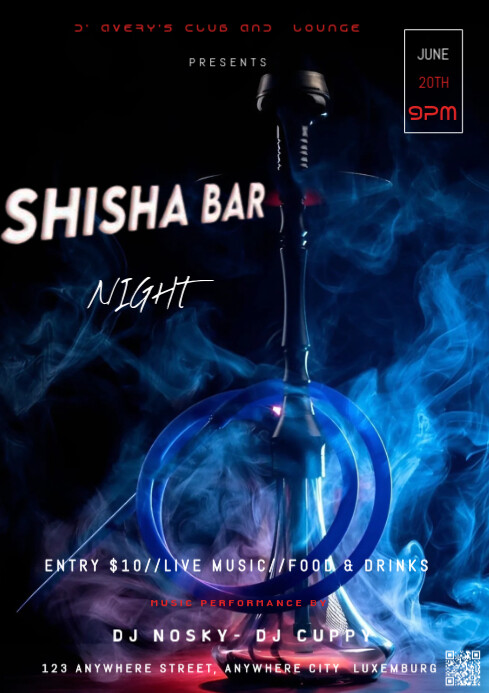 Black Modern & Minimal Shisha Bar Night  A4 template