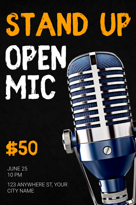 Black Modern & Minimal Stand Up Open Mic Post Affiche template