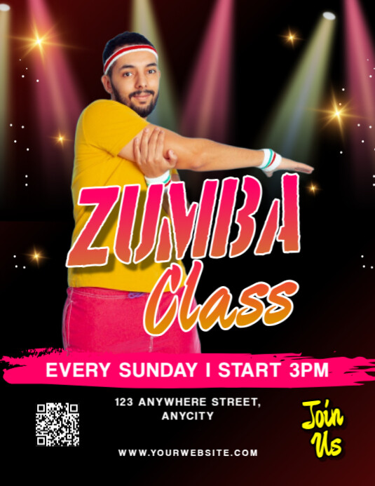 Black Modern & Minimal Zumba Classes Pamflet (letter As) Flyer (US Letter) template