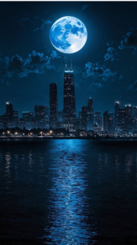 Black Modern & Minimal “city Under The Full Moon – Night Skyline Magic” Digital Display (9:16) template