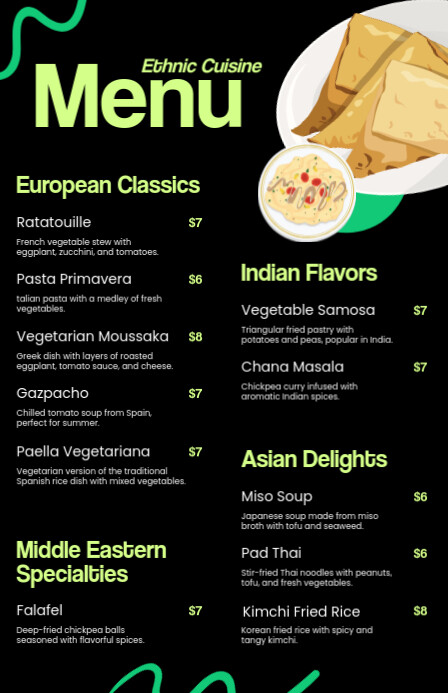 Black Modern Ethnic Cuisine Menu Template (Half Page Wide) Szeroki pół strony