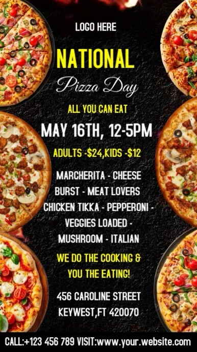 Black National Pizza Party Day  Digital Display (9:16) template