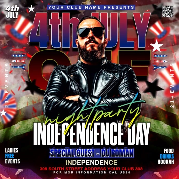 Black Neon 4th Of July Nightarty Flyer Square (1:1) template
