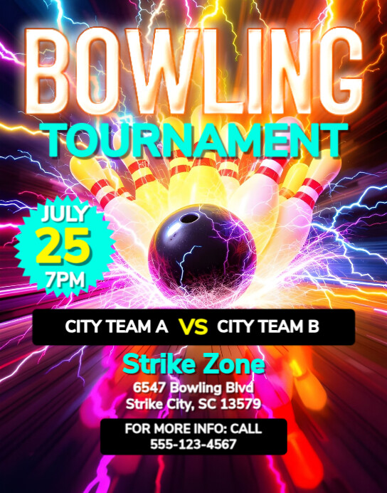 Black Neon Bowling Tournament Poster Template Poster/wallboard Plakat/vægtavle