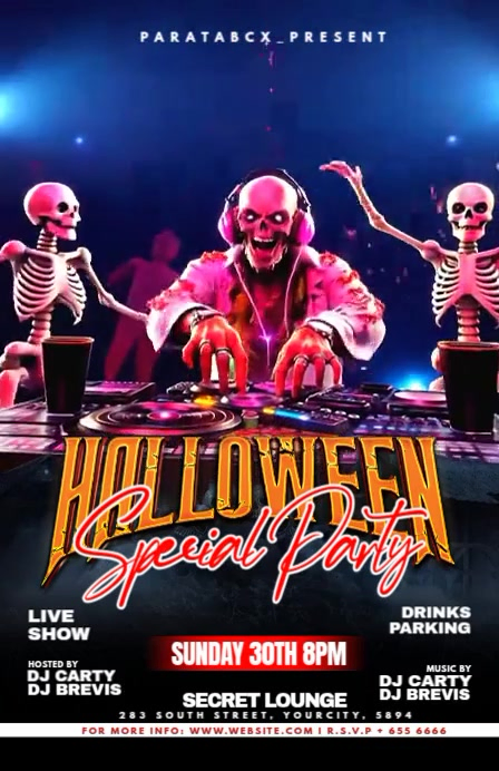 Black Neon Halloween Party Poster Template Half Page Wide 半版