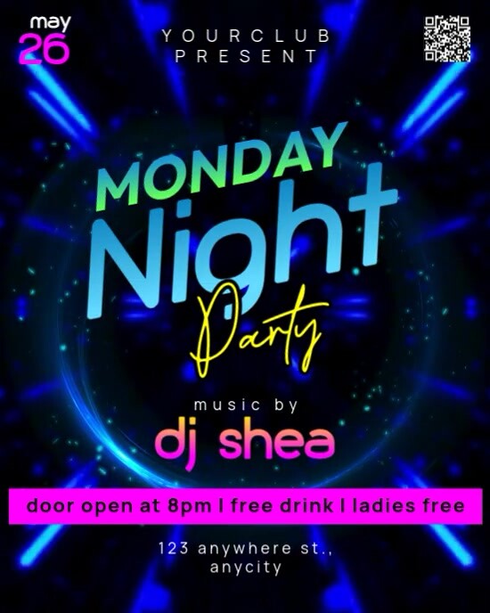 Black Neon Monday Night Party Instagram Portrait template
