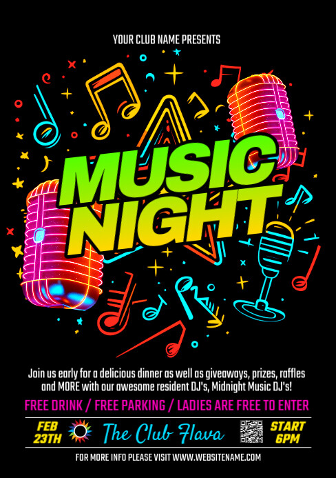 Musical Night Program Card Design Black Neon Music Night A5 Template | PosterMyWall