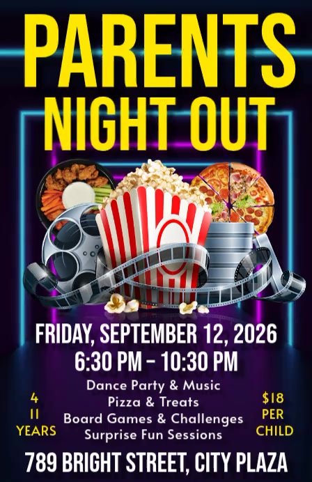 Black neon parents night out tabloid video Template | PosterMyWall