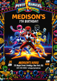 Black Neon Power Rangers Birthday Party A4 template