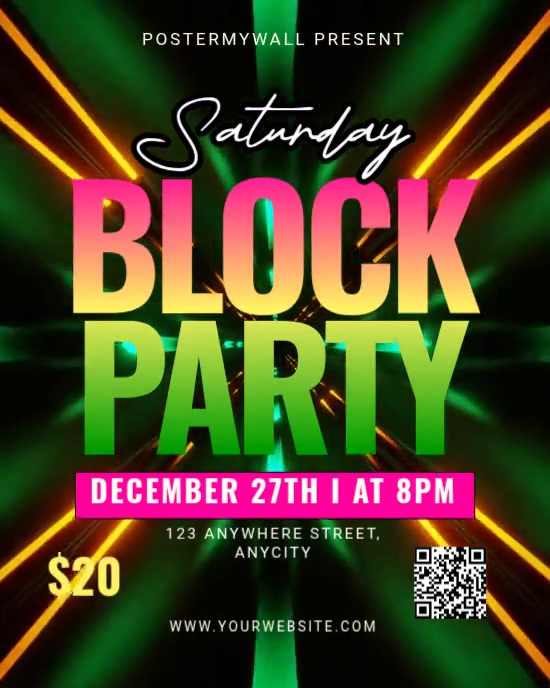 Black neon saturday block party instagram portrait Template | PosterMyWall