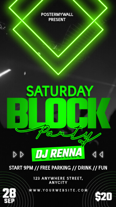 Plantilla de Black Neon Saturday Block Party Tampilan Digi | PosterMyWall