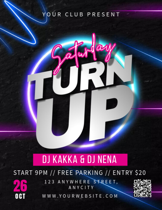 Black Neon Saturday Turn Up Party Pamflet (letter As) Template ...