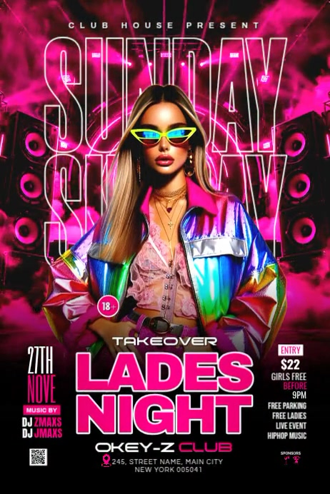 Black Neon Sunday Takeover Ladies Night Party Poster Video Template ...
