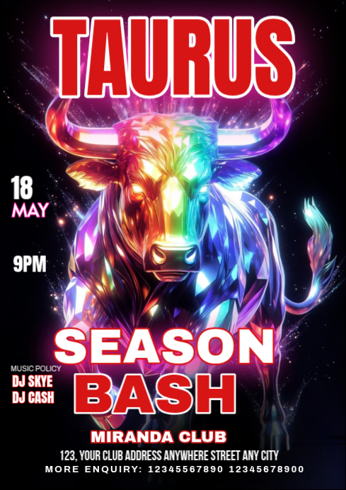 Black Neon Taurus Season Bash A3 Template | PosterMyWall