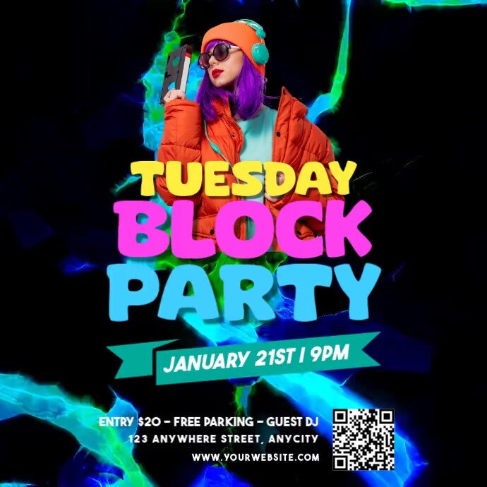 Black Neon Tuesday Block Party Pos Instagram Template | PosterMyWall
