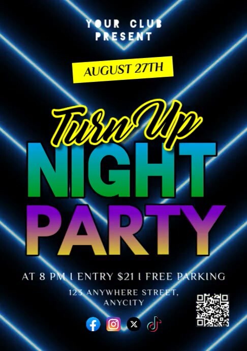 Black Neon Turn Up Night Party A3 template