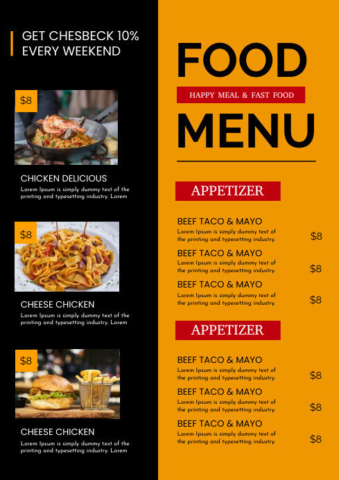 Copy of Black Orange Food Restaurant Menu Template | PosterMyWall